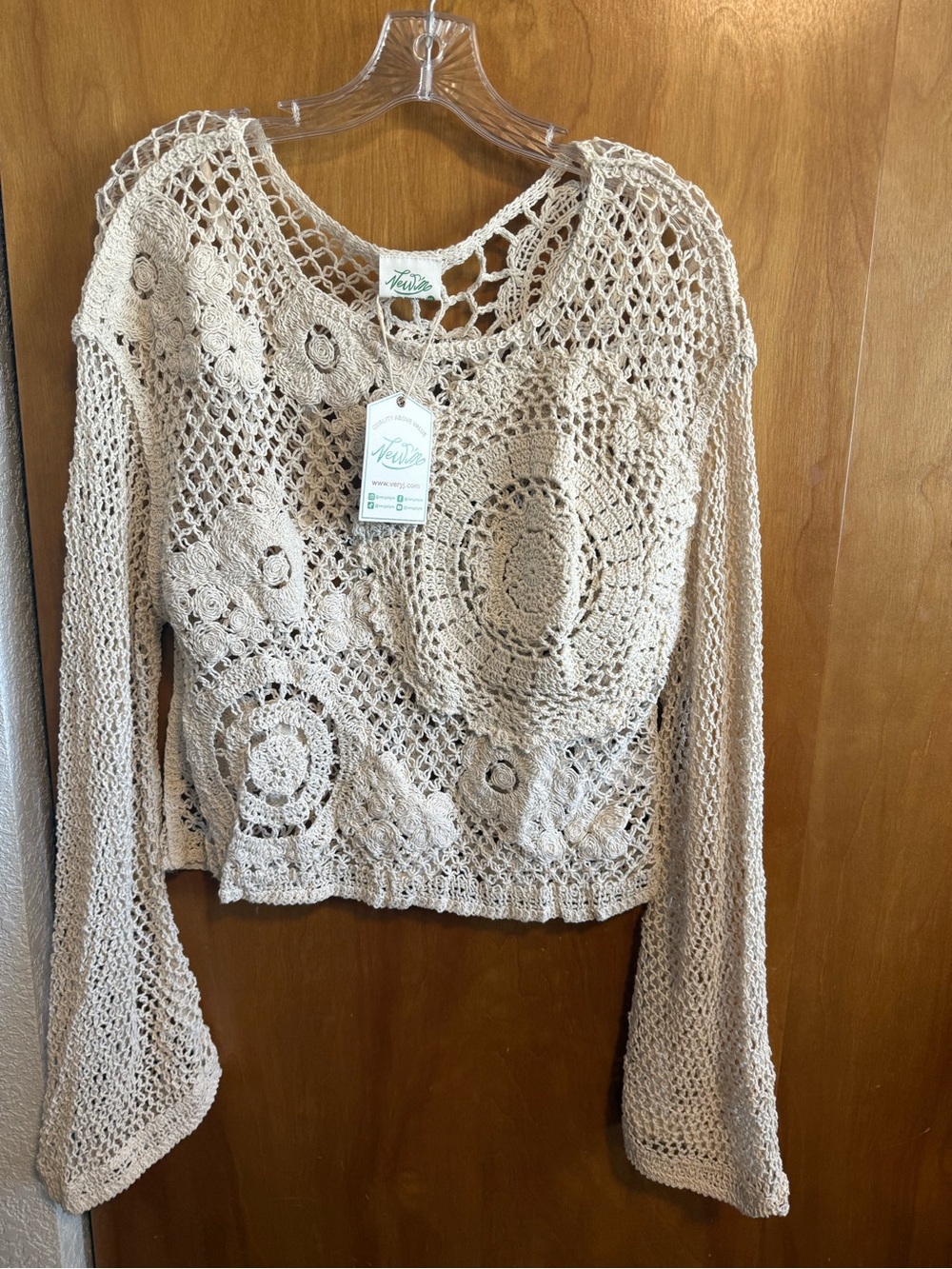 Very J Cream Crochet Open-Knit Long Sleeve Top